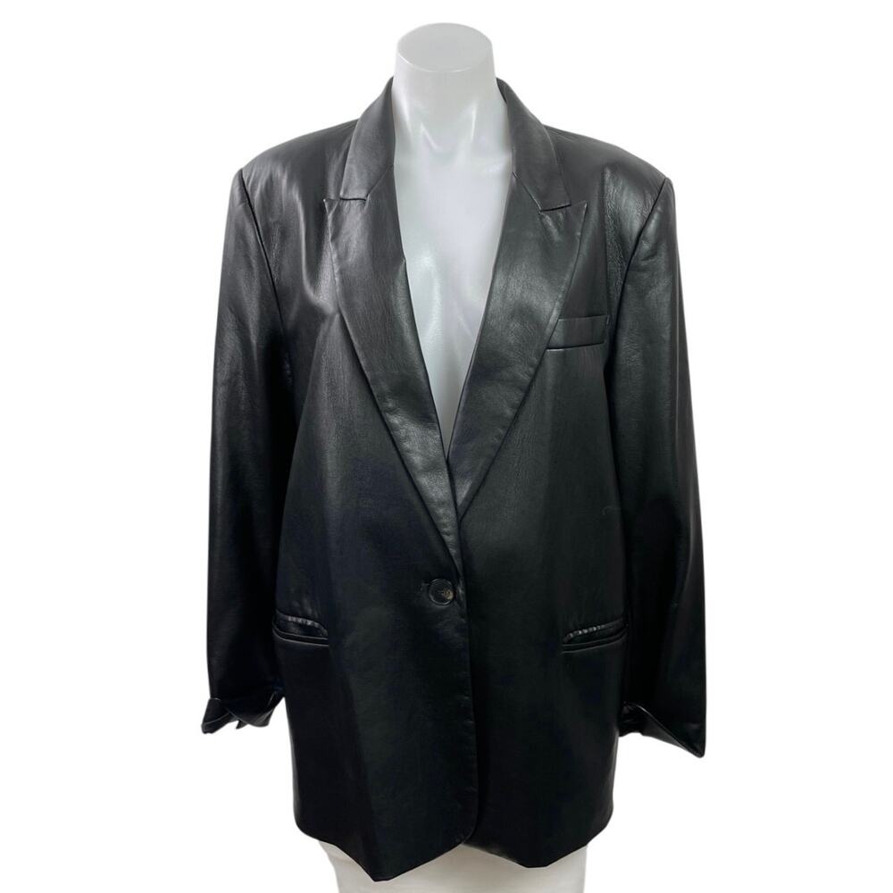 Zara Women Black Faux Leather Vegan Peak Lapel Relaxed Blazer Coat Jacket Size L